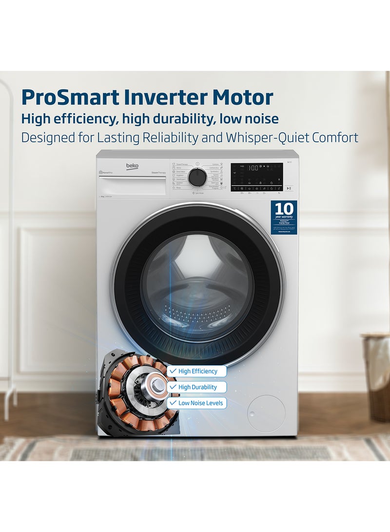 Beko - 9 kg Front Load Washing Machine, 1400 RPM, 15 Programmes, Low Noise, Quick wash 14/28 Minutes, SteamTherapy, StainExpert, Digital Display, DrumClean Function, HomeWhiz, 10 Years Warranty on ProSmart Inverter Motor 9 kg WTV9314XW White - Image 1