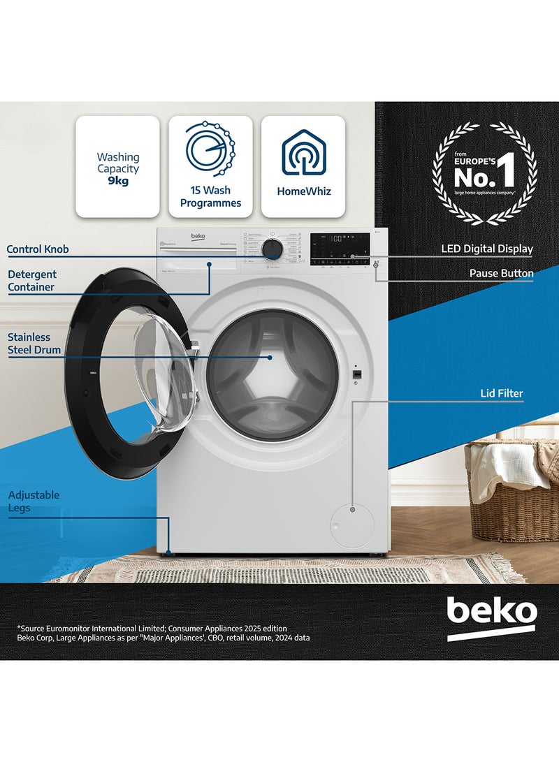 Beko 9 kg Front Load Washing Machine, 1400 RPM, 15 Programmes, Low Noise, Quick wash 14/28 Minutes, SteamTherapy, StainExpert, Digital Display, DrumClean Function, HomeWhiz, 10 Years Warranty on ProSmart Inverter Motor 9 kg WTV9314XW White  - Image 2