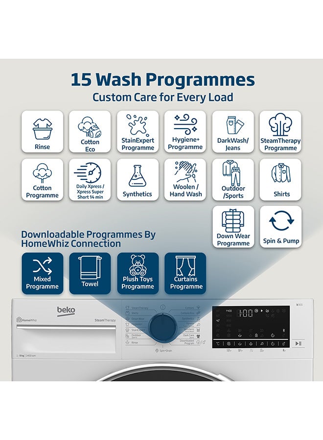 Beko 9 kg Front Load Washing Machine, 1400 RPM, 15 Programmes, Low Noise, Quick wash 14/28 Minutes, SteamTherapy, StainExpert, Digital Display, DrumClean Function, HomeWhiz, 10 Years Warranty on ProSmart Inverter Motor 9 kg WTV9314XW White  - Image 3