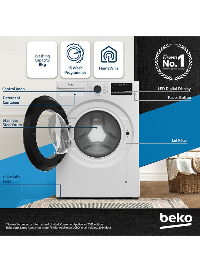Beko 9 kg Front Load Washing Machine, 1400 RPM, 15 Programmes, Low Noise, Quick wash 14/28 Minutes, SteamTherapy, StainExpert, Digital Display, DrumClean Function, HomeWhiz, 10 Years Warranty on ProSmart Inverter Motor 9 kg WTV9314XW White  - Image 2