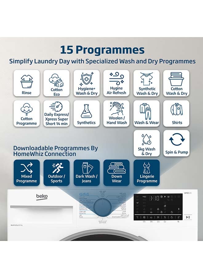 بيكو غسالة/مجفف 8/5 كجم، 1400 دورة في الدقيقة، 15 برنامج، ضوضاء منخفضة، برنامج غسيل وارتداء، غسيل بخاري، غسيل وتجفيف Hygiene+، غسيل سريع 14/28 دقيقة، ضمان 10 سنوات على محرك ProSmart العاكس - Image 3