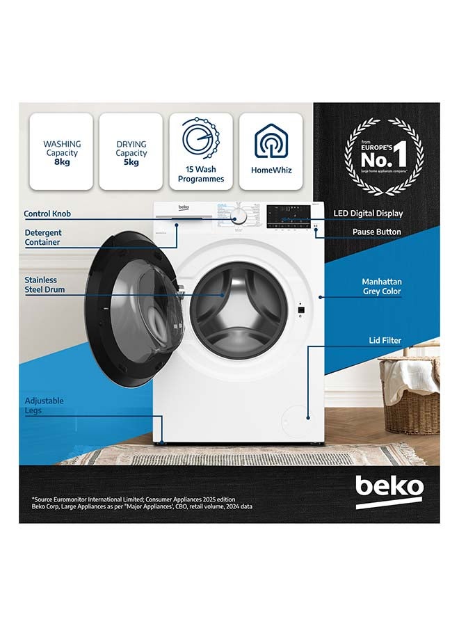 بيكو غسالة/مجفف 8/5 كجم، 1400 دورة في الدقيقة، 15 برنامج، ضوضاء منخفضة، برنامج غسيل وارتداء، غسيل بخاري، غسيل وتجفيف Hygiene+، غسيل سريع 14/28 دقيقة، ضمان 10 سنوات على محرك ProSmart العاكس - Image 2