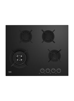 Beko 60cm Builtin Gas Hob, Full Safety, 4 High Efficiency Gas Burner, Cast Iron Pan Support, Integrated Ignition, Front-left Zone(5 Kw), Front-right Zone(1 kw), Rear-left Zone(1.8 kw), Rear-right Zone(1.8 kw) HINW 64229 B65 Black 