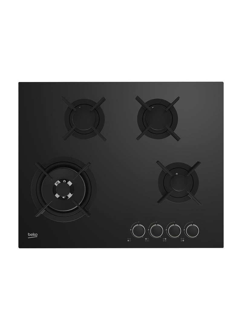 Beko 60cm Builtin Gas Hob, Full Safety, 4 High Efficiency Gas Burner, Cast Iron Pan Support, Integrated Ignition, Front-left Zone(5 Kw), Front-right Zone(1 kw), Rear-left Zone(1.8 kw), Rear-right Zone(1.8 kw) HINW 64229 B65 Black 