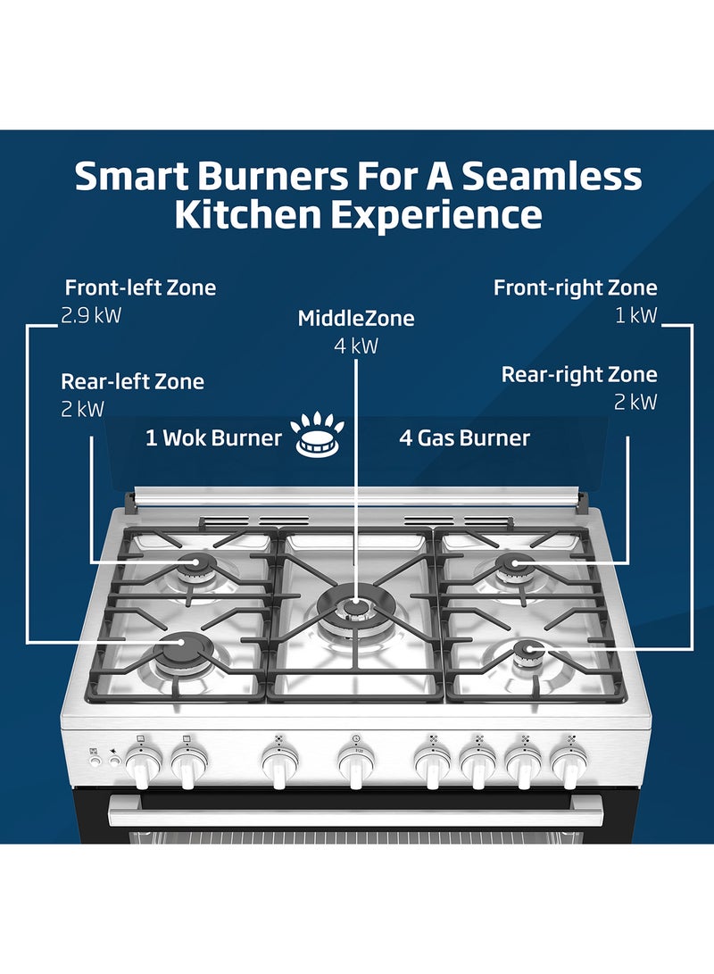 Beko 90x60cm Free Standing Gas Cooker, Full Safety, 5 High Efficiency Gas Burner(1 Wok), Cast Iron Pan Support, 106 liters Oven Capacity, SteamShine Cleaning Oven, Removable Door Glass for Cleaning BGG 11125 GXU Stainless Steel  - Image 3