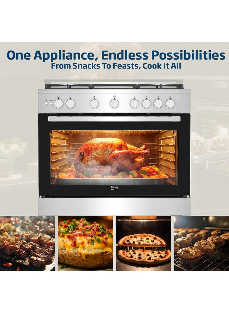 Beko 90x60cm Free Standing Gas Cooker, Full Safety, 5 High Efficiency Gas Burner(1 Wok), Cast Iron Pan Support, 106 liters Oven Capacity, SteamShine Cleaning Oven, Removable Door Glass for Cleaning BGG 11125 GXU Stainless Steel  - Image 4