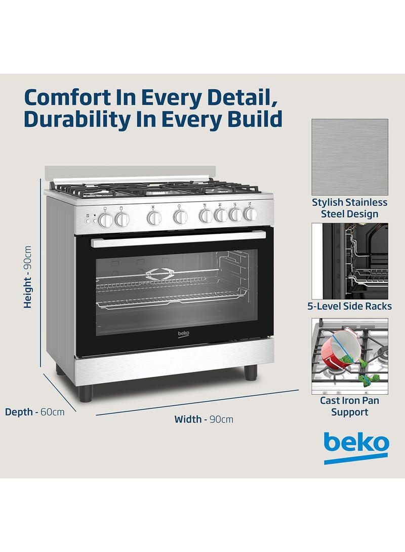 Beko 90x60cm Free Standing Gas Cooker, Full Safety, 5 High Efficiency Gas Burner(1 Wok), Cast Iron Pan Support, 106 liters Oven Capacity, SteamShine Cleaning Oven, Removable Door Glass for Cleaning BGG 11125 GXU Stainless Steel  - Image 5