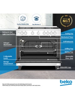 Beko 90x60cm Free Standing Gas Cooker, Full Safety, 5 High Efficiency Gas Burner(1 Wok), Cast Iron Pan Support, 106 liters Oven Capacity, SteamShine Cleaning Oven, Removable Door Glass for Cleaning BGG 11125 GXU Stainless Steel  - Image 2