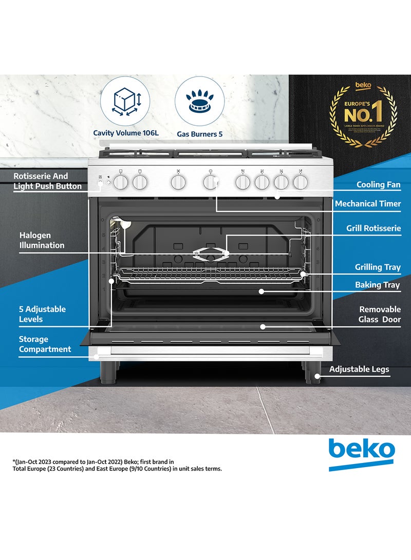 Beko 90x60cm Free Standing Gas Cooker, Full Safety, 5 High Efficiency Gas Burner(1 Wok), Cast Iron Pan Support, 106 liters Oven Capacity, SteamShine Cleaning Oven, Removable Door Glass for Cleaning BGG 11125 GXU Stainless Steel  - Image 2