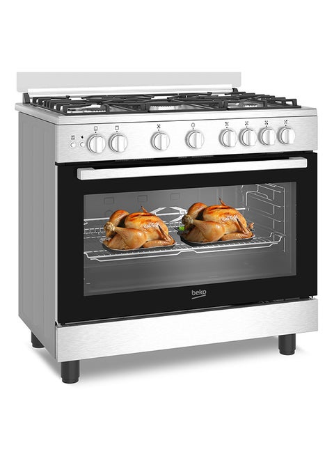 90x60cm Free Standing Gas Cooker, Full Safety, 5 High Efficiency Gas Burner(1 Wok), Cast Iron Pan Support, 106 liters Oven Capacity, SteamShine Cleaning Oven, Removable Door Glass for Cleaning BGG 11125 GXU Stainless Steel