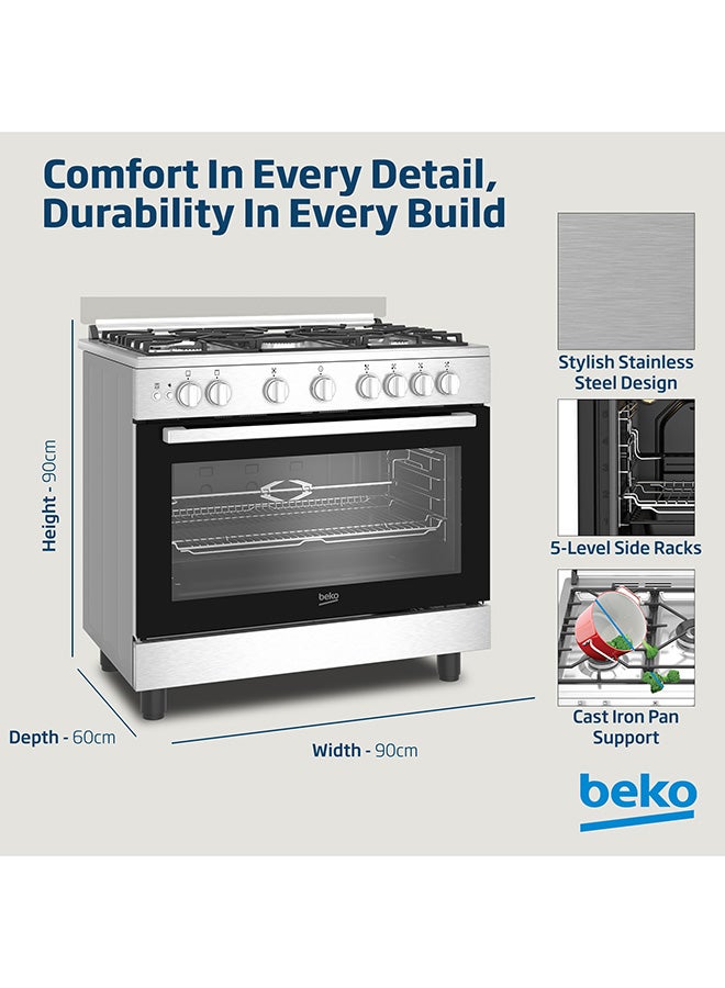 Beko 90x60cm Free Standing Gas Cooker, Full Safety, 5 High Efficiency Gas Burner(1 Wok), Cast Iron Pan Support, 106 liters Oven Capacity, SteamShine Cleaning Oven, Removable Door Glass for Cleaning BGG 11125 GXU Stainless Steel  - Image 5