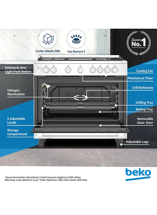 Beko 90x60cm Free Standing Gas Cooker, Full Safety, 5 High Efficiency Gas Burner(1 Wok), Cast Iron Pan Support, 106 liters Oven Capacity, SteamShine Cleaning Oven, Removable Door Glass for Cleaning BGG 11125 GXU Stainless Steel  - Image 2