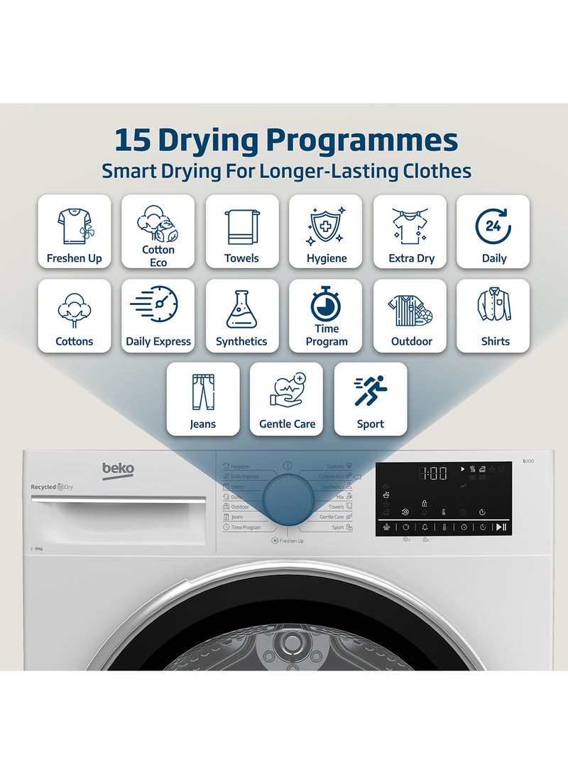 Beko - 9 kg Condenser Tumble Dryer, 15 Programmes, Low Noise, AquaWave Technology, Advanced Sensor Drying, Reversable Door, Drum Light, Digital Display 9 kg DC9W White - Image 1