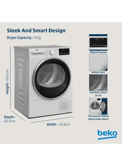 Beko 9 kg Condenser Tumble Dryer, 15 Programmes, Low Noise, AquaWave Technology, Advanced Sensor Drying, Reversable Door, Drum Light, Digital Display 9 kg DC9W White  - Image 4
