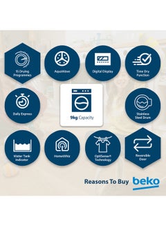 Beko 9 kg Condenser Tumble Dryer, 15 Programmes, Low Noise, AquaWave Technology, Advanced Sensor Drying, Reversable Door, Drum Light, Digital Display 9 kg DC9W White  - Image 5
