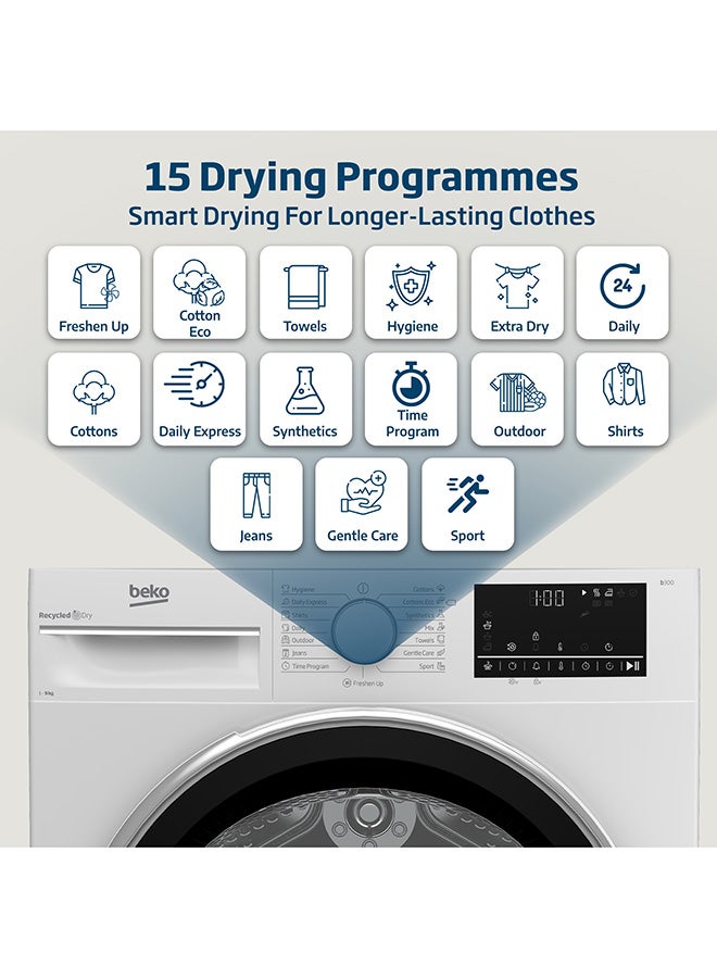 Beko 9 kg Condenser Tumble Dryer, 15 Programmes, Low Noise, AquaWave Technology, Advanced Sensor Drying, Reversable Door, Drum Light, Digital Display 9 kg DC9W White  - Image 3