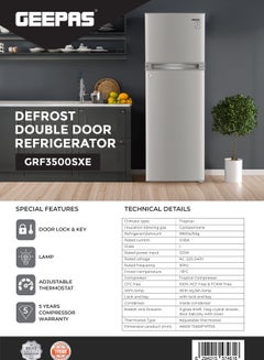 جيباس 350L Gross/311L Net Capacity Defrost Double Door Refrigerator - Quick Cooling, Low Noise, Adjustable Thermostat/ Equipped with Glass Shelves, Big Crystal Drawer/ Ideal for Keeping Fruits, Vegetables, Dairy, Meats Fresh, 1-Year Warranty 120 W GRF3500SXE Silver  - Image 2