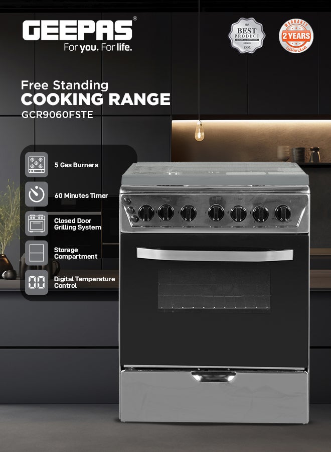 جيباس 90x60 Freestanding Gas Range with 5 Gas Burners, Auto Ignition, Grilling, Digital Timer, and Oven Lamp GCR9060FSTE Silver  - Image 1
