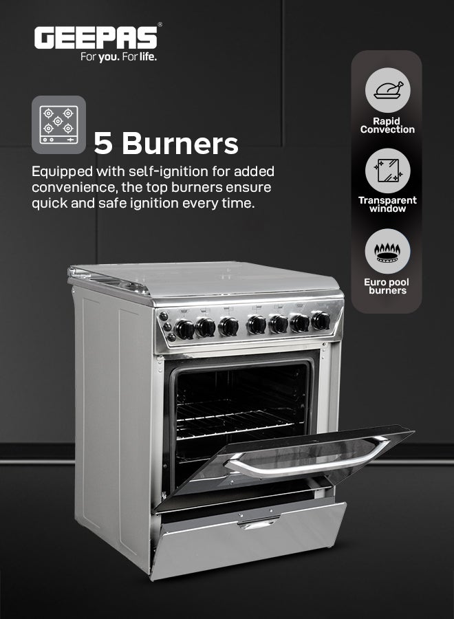 جيباس 90x60 Freestanding Gas Range with 5 Gas Burners, Auto Ignition, Grilling, Digital Timer, and Oven Lamp GCR9060FSTE Silver  - Image 3