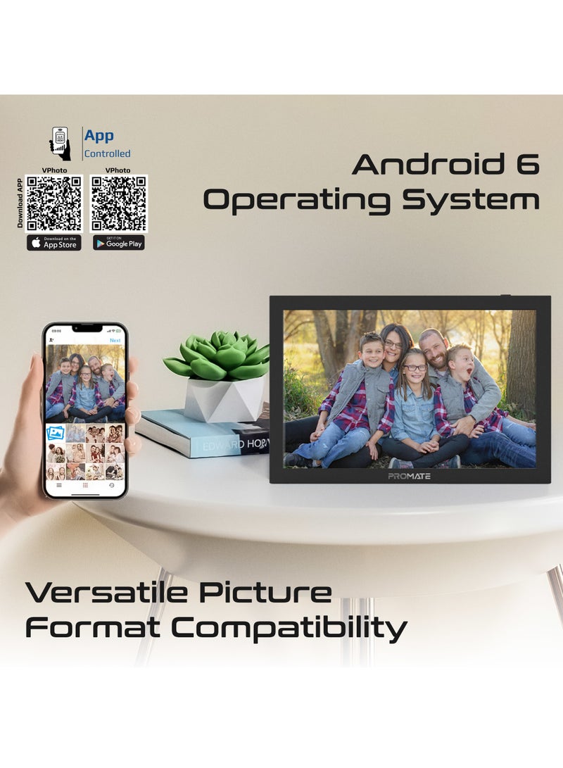 بروميت - Full HD Digital Photo Frame With 10.1" Touch Screen, Wireless app Control, 16GB Storage, USB/TF Card Support, Dual Speakers, Multi Picture & Video Formats Compatibility, Memoria-10 Back - Image 1