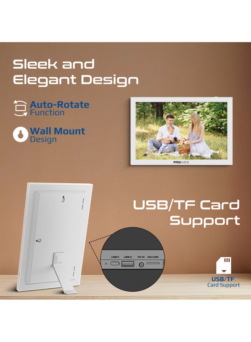 PROMATE - Full HD Digital Photo Frame With 10.1" Touch Screen, Wireless app Control, 16GB Storage, USB/TF Card Support, Dual Speakers, Multi Picture & Video Formats Compatibility, Memoria-10 White - Image 1