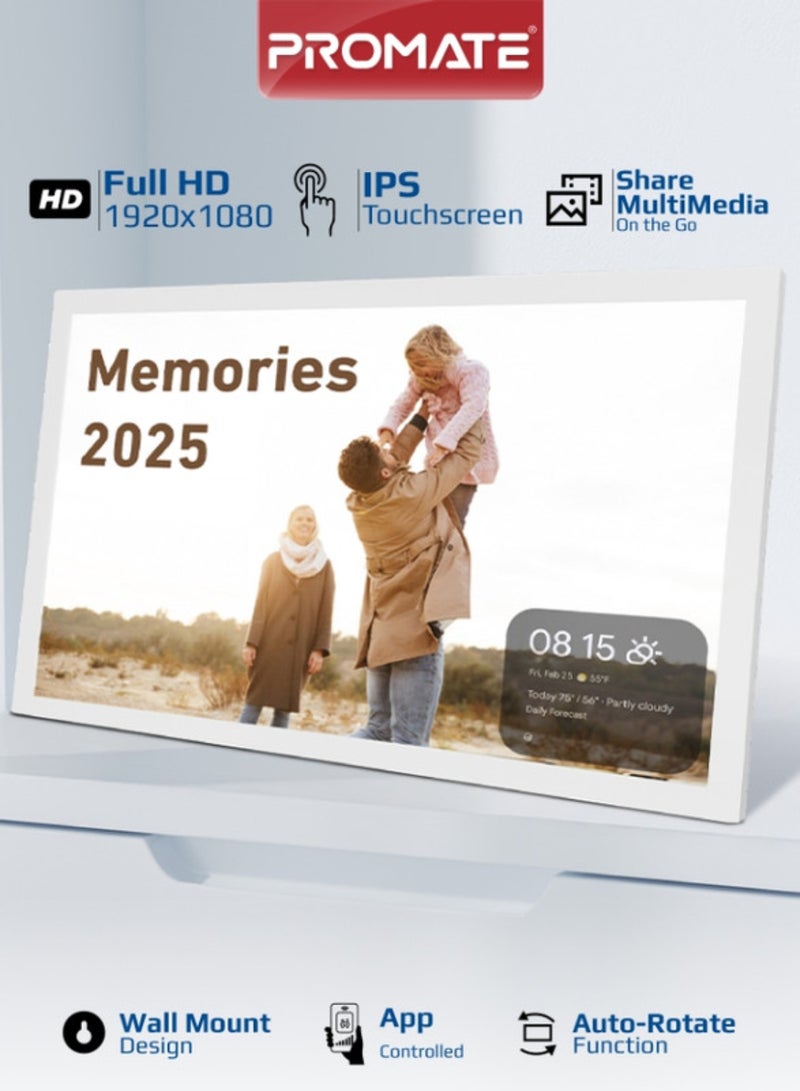 بروميت Full HD Digital Photo Frame with 15.6-Inch Touchscreen, 32GB Storage, Wireless App Control, Multi Picture & Video Formats Compatibility, USB/TF Card Support, Dual Speakers, Memoria-15 White - Image 1