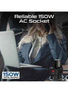 PROMATE 4-In-1 Multi-Port DC to AC Car Power Inverter with 150W AC Socket, Dual PD30W USB-C™ Ports, QC18W USB-A Ports, LED Power Indicators, Dedicated AC ON/OFF Button, Charge Protection, Inverto-150W - Black  - Image 3