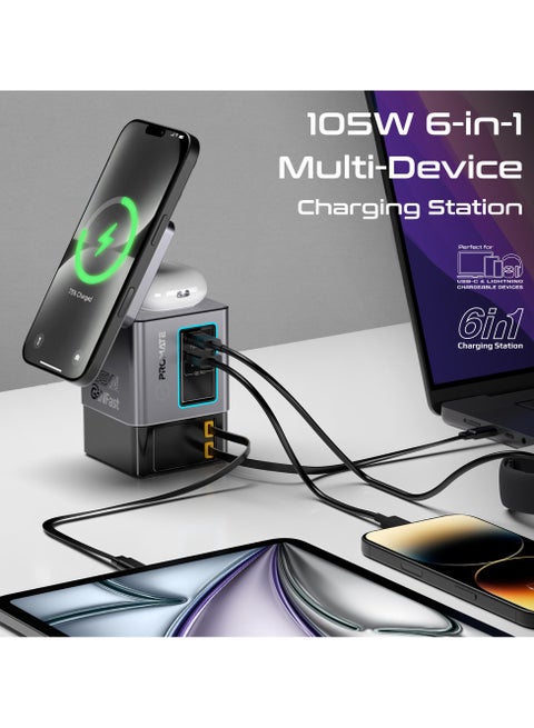 6-in-1 GaNFast™ Charging Station With 105W Total Output, 15W MagSafe Wireless Charger, PD65W Retractable Type-C Cable, PD20W Retractable Lightning Cable,  PD18W USB-A Port, AirPods Wireless Charger - Black