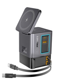PROMATE 6-in-1 GaNFast™ Charging Station With 105W Total Output, 15W MagSafe Wireless Charger, PD65W Retractable Type-C Cable, PD20W Retractable Lightning Cable,  PD18W USB-A Port, AirPods Wireless Charger - Black  - Image 2