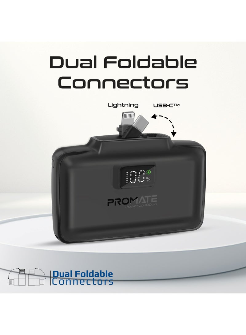 PROMATE - 10000 mAh Power Bank, Compact Power Bank with 20W USB-C™ In/Out Foldable Connector, 20W Lightning Foldable Connector, Ultra-Fast 20W USB-C™In/Out Port, Charge Protection, LED Display, PowerUp-10Duo Black - Image 1