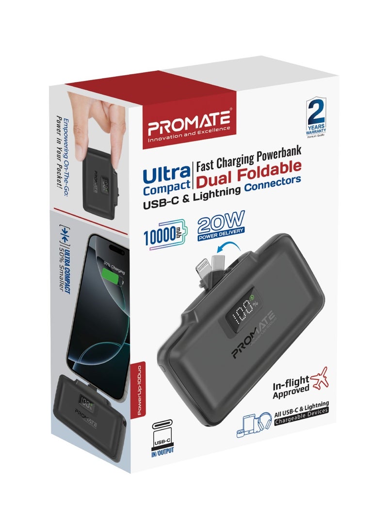 PROMATE - 10000 mAh Power Bank, Compact Power Bank with 20W USB-C™ In/Out Foldable Connector, 20W Lightning Foldable Connector, Ultra-Fast 20W USB-C™In/Out Port, Charge Protection, LED Display, PowerUp-10Duo Black - Image 1