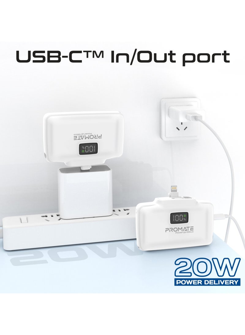 PROMATE 10000 mAh Power Bank, Compact Power Bank with 20W USB-C™ In/Out Foldable Connector, 20W Lightning Foldable Connector, Ultra-Fast 20W USB-C™In/Out Port, Charge Protection, LED Display, PowerUp-10Duo White  - Image 4