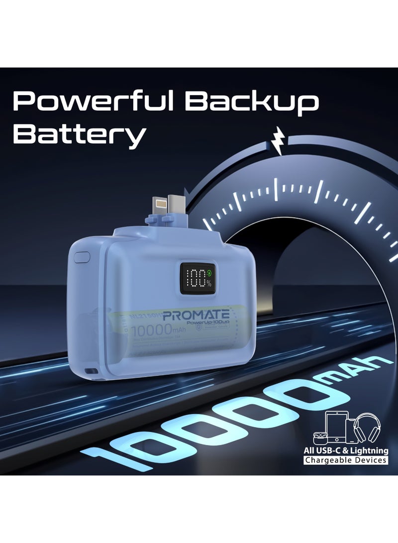 PROMATE 10000 mAh Power Bank, Compact Power Bank with 20W USB-C™ In/Out Foldable Connector, 20W Lightning Foldable Connector, Ultra-Fast 20W USB-C™In/Out Port, Charge Protection, LED Display, PowerUp-10Duo Blue  - Image 1