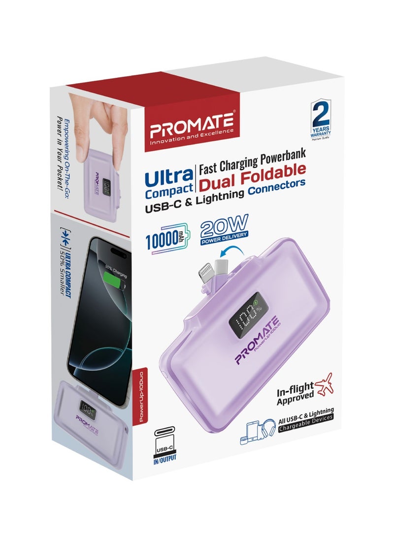 بروميت - 10000 mAh Power Bank, Compact Power Bank with 20W USB-C™ In/Out Foldable Connector, 20W Lightning Foldable Connector, Ultra-Fast 20W USB-C™In/Out Port, Charge Protection, LED Display, PowerUp-10Duo Purple - Image 1