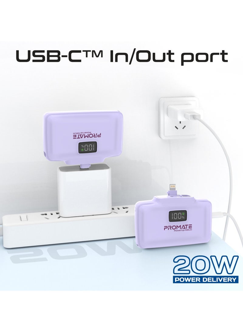 بروميت - 10000 mAh Power Bank, Compact Power Bank with 20W USB-C™ In/Out Foldable Connector, 20W Lightning Foldable Connector, Ultra-Fast 20W USB-C™In/Out Port, Charge Protection, LED Display, PowerUp-10Duo Purple - Image 1