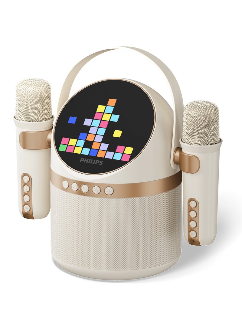 Philips Wireless Bluetooth Karaoke Speaker with 2 Microphones, 6 Vocal Effects, 4 Visual Display Modes, 7-Hour Playtime, Multiple Connectivity Options-USB/AUX/TF Card with Carry Strap White  - Image 1