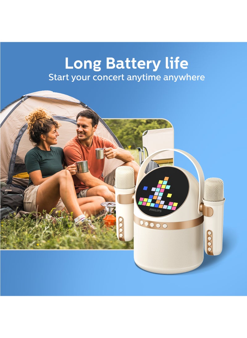 Philips Wireless Bluetooth Karaoke Speaker with 2 Microphones, 6 Vocal Effects, 4 Visual Display Modes, 7-Hour Playtime, Multiple Connectivity Options-USB/AUX/TF Card with Carry Strap White  - Image 3