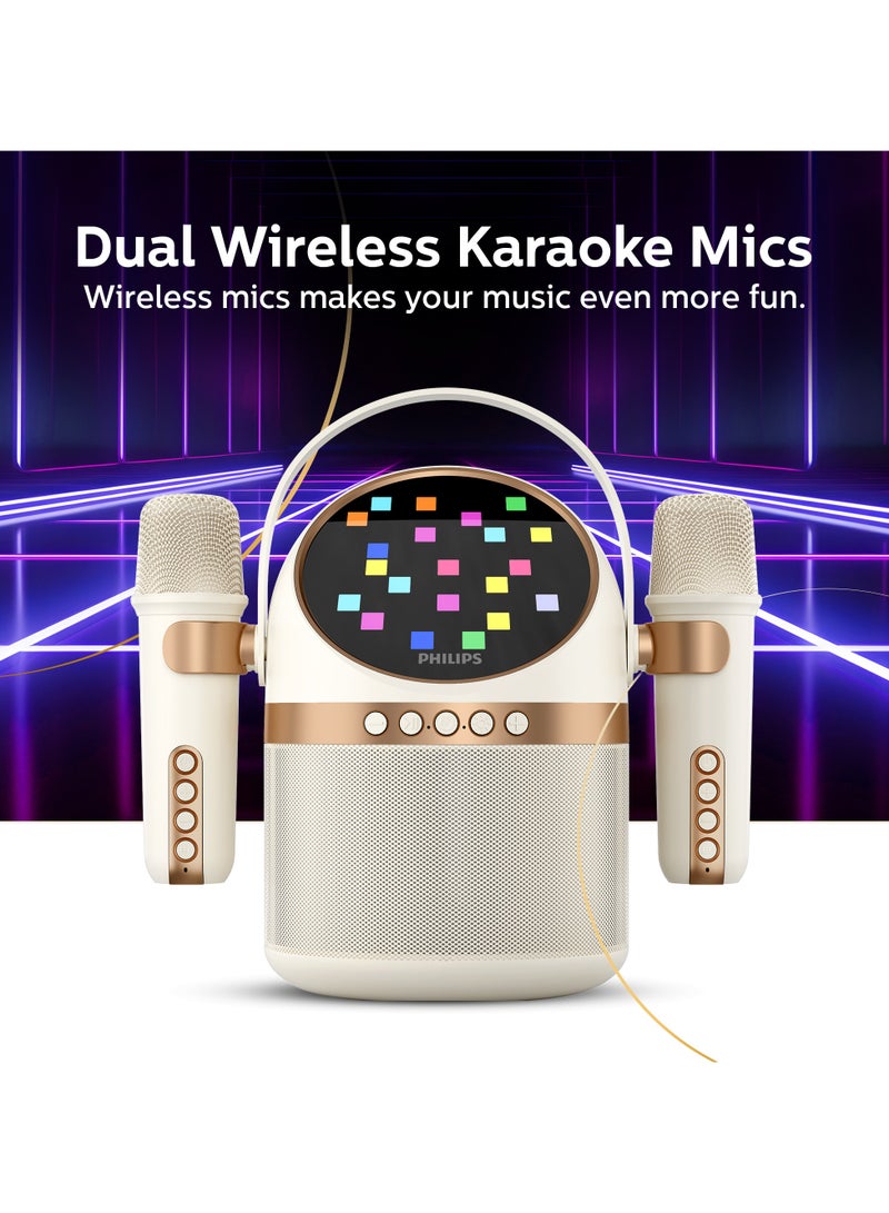 Philips Wireless Bluetooth Karaoke Speaker with 2 Microphones, 6 Vocal Effects, 4 Visual Display Modes, 7-Hour Playtime, Multiple Connectivity Options-USB/AUX/TF Card with Carry Strap White  - Image 4