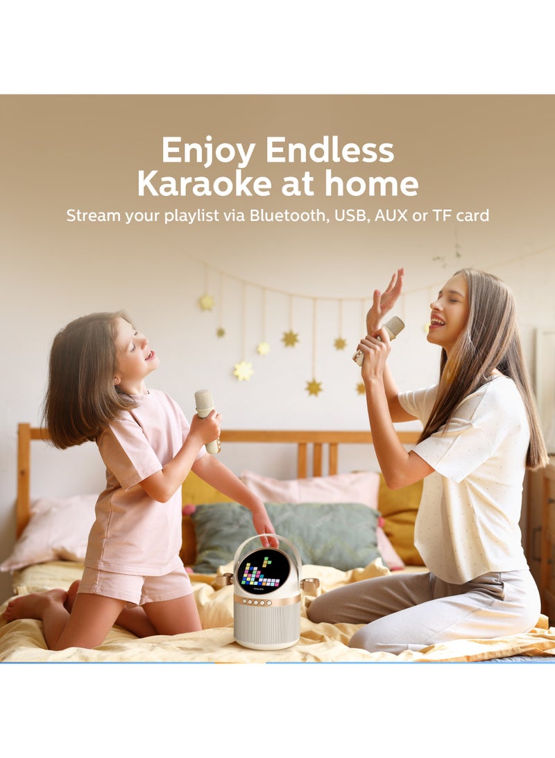 Wireless Bluetooth Karaoke Speaker with 2 Microphones, 6 Vocal Effects, 4 Visual Display Modes, 7-Hour Playtime, Multiple Connectivity Options-USB/AUX/TF Card with Carry Strap White