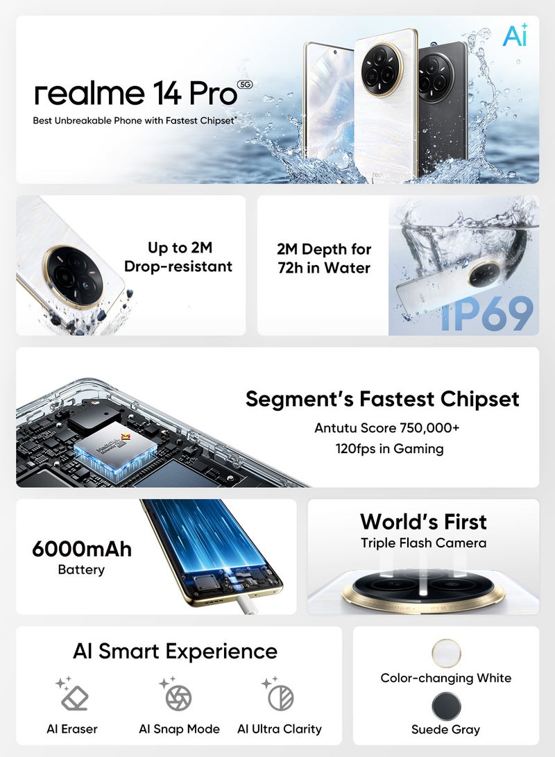 realme - 14 Pro AI  Dual SIM Pearl White 12GB RAM 256GB 5G - Middle East Version - Image 1