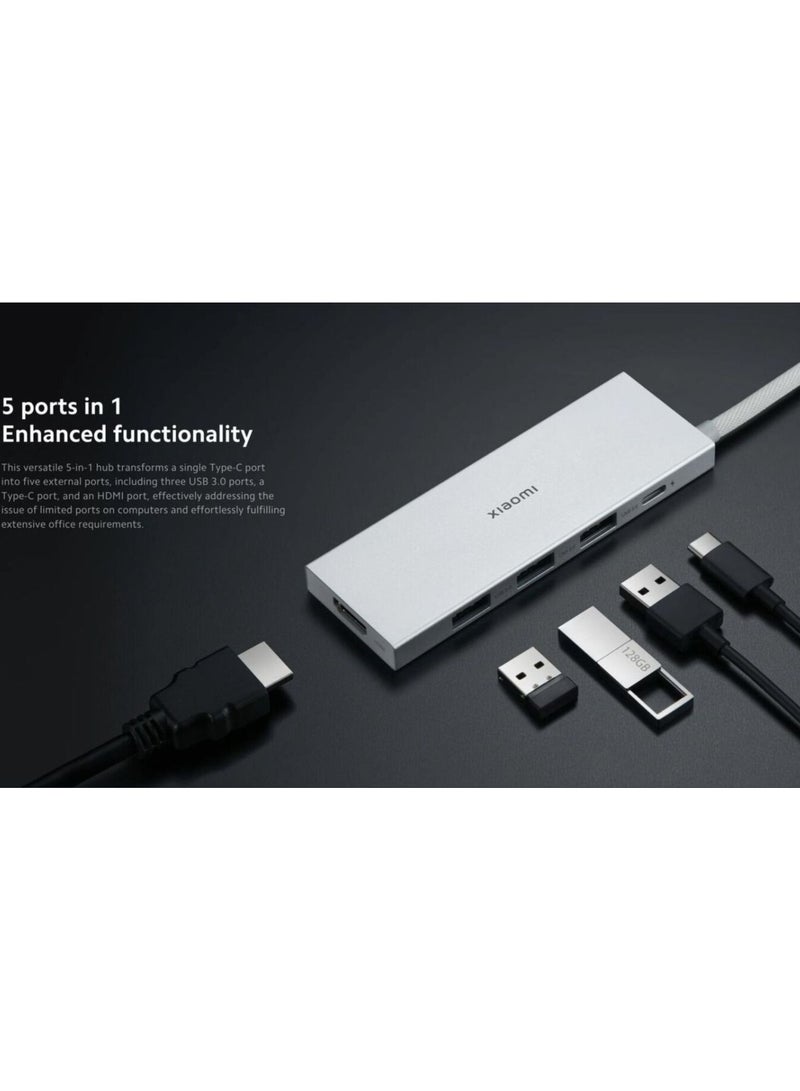 Xiaomi - 5-in-1 Type-C Hub,Multipurpose Hub with USB3.0,HDMI for Devices with Type-C,USB-A or HDMI ports 11.25cm Silver - Image 1