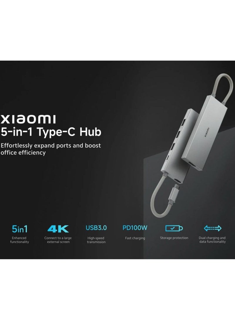 Xiaomi - 5-in-1 Type-C Hub,Multipurpose Hub with USB3.0,HDMI for Devices with Type-C,USB-A or HDMI ports 11.25cm Silver - Image 1
