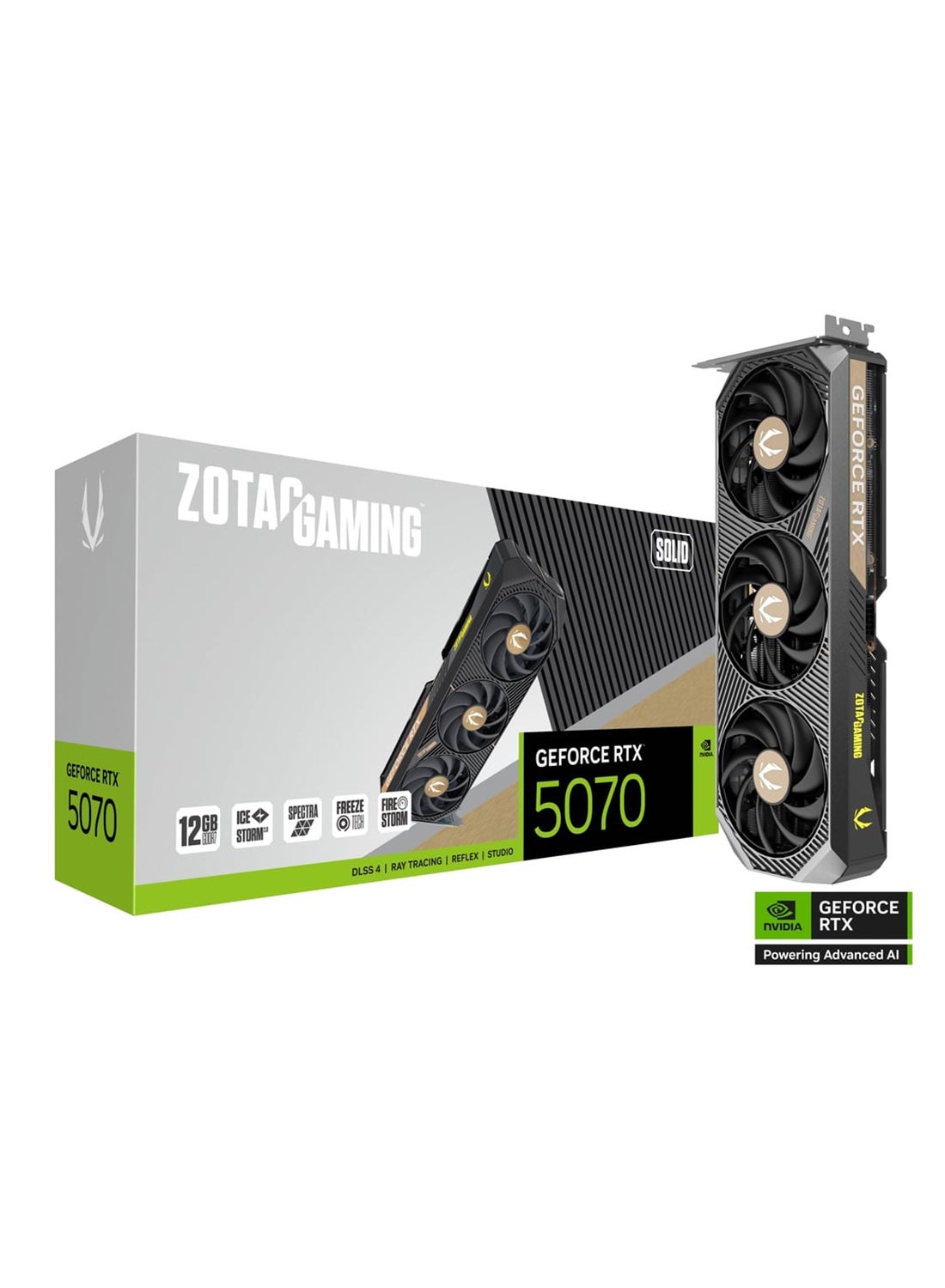 GAMING GeForce RTX 5070 SOLID 12GB GDDR7 Graphics Card, 6144 CUDA Cores, NVIDIA Blackwell Architecture, DLSS 4, IceStorm 2.0 Cooling, BladeLink Fans, SPECTRA RGB, PCIe 5.0, 250W Power Consumption, Quad Display Support, HDMI 2.1b, DisplayPort 2.1b | ZT-B50700D-10P Black