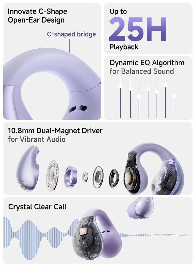 QCY - Crossky C30 Open Ear Headphones Wireless Bluetooth, Clip-On Earbuds with 4 ENC Noise Cancelling Mic, Stable Fit, Dual Connection, EQ Customized, Sports Earphones for Workout/Running - Purple - Image 1