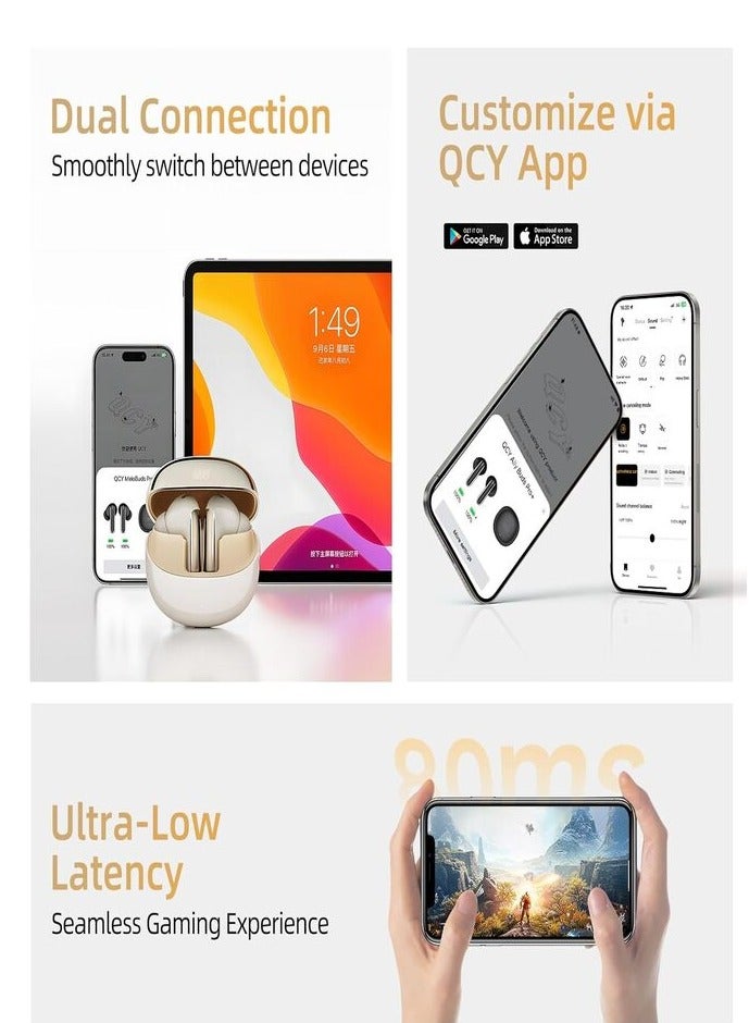 QCY - MeloBuds Pro HT08, Wireless Earbuds, Active Noise Cancellation Bluetooth Earphones, Comfortable Fit, Ultra-Low Latency Gaming Earbuds, 34 Hours Playtime - Gold - Image 1