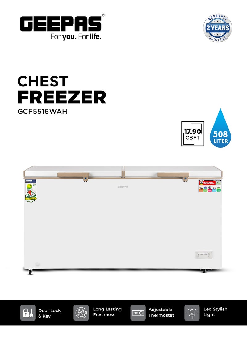 GEEPAS Double Door Chest Freezer with 508L (17.90 cu ft) Storage Capacity, Faster Cooling System, and Gold Frame 240 W GCF5516WAH White  - Image 1