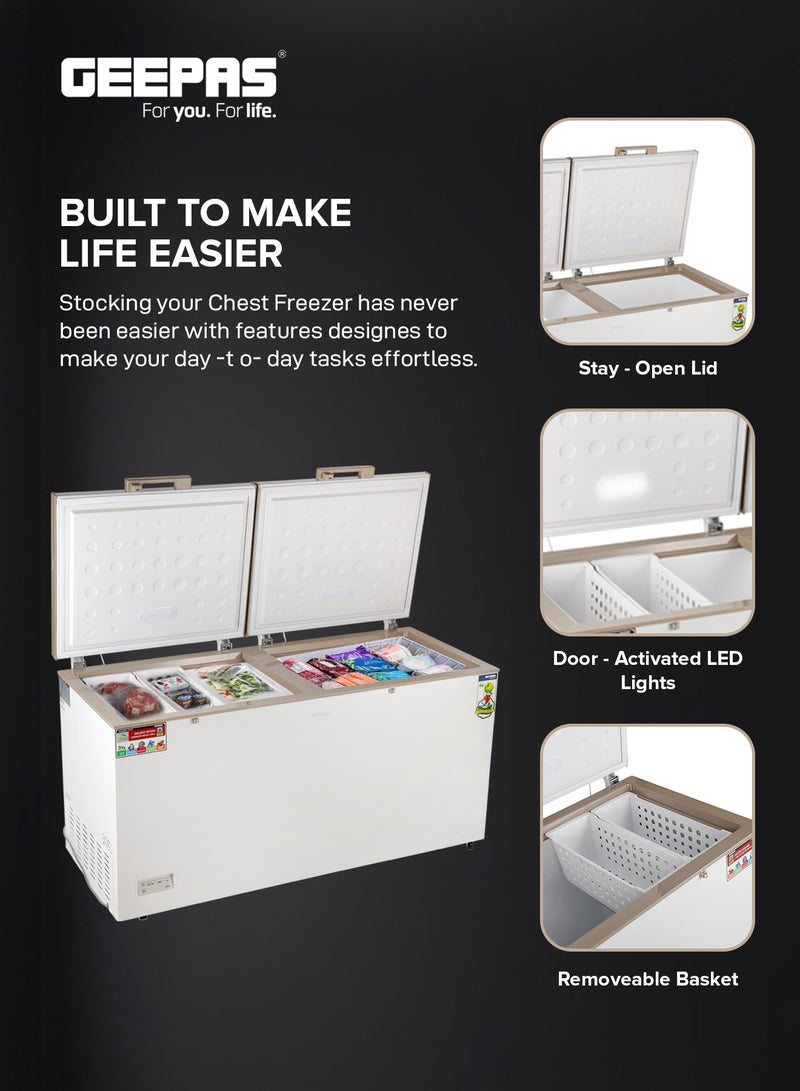 Double Door Chest Freezer with 508L (17.90 cu ft) Storage Capacity, Faster Cooling System, and Gold Frame 240 W GCF5516WAH White