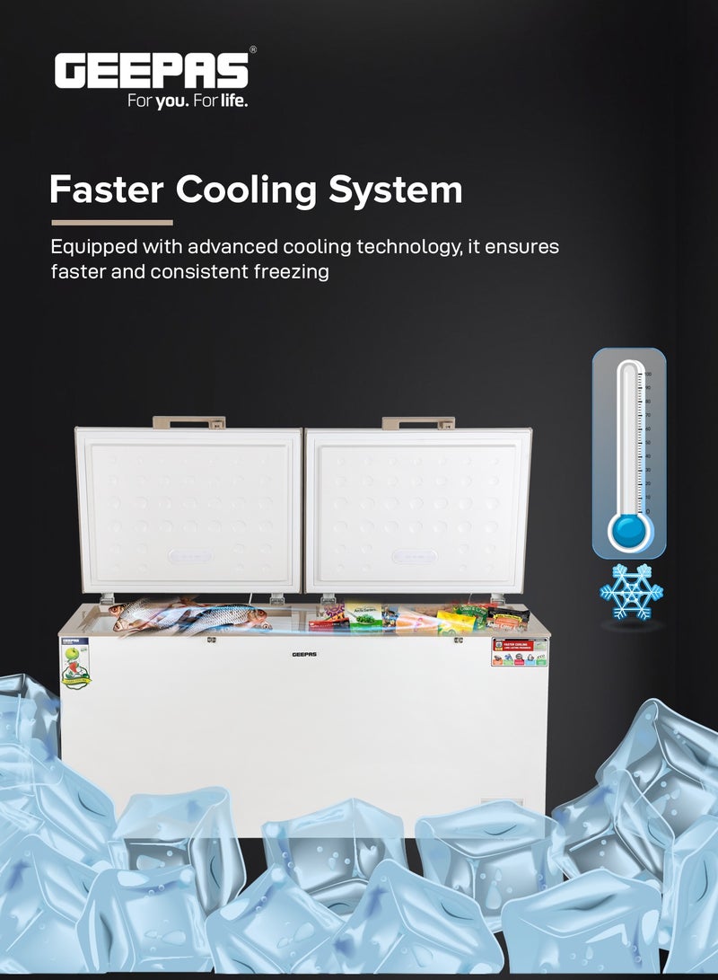 GEEPAS Double Door Chest Freezer with 508L (17.90 cu ft) Storage Capacity, Faster Cooling System, and Gold Frame 240 W GCF5516WAH White  - Image 4