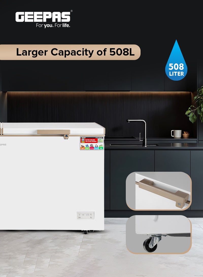 GEEPAS Double Door Chest Freezer with 508L (17.90 cu ft) Storage Capacity, Faster Cooling System, and Gold Frame 240 W GCF5516WAH White  - Image 3