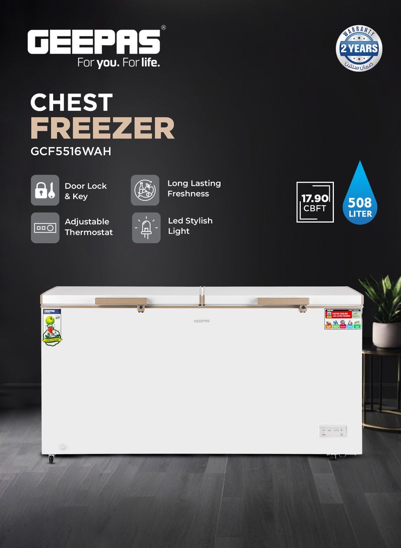GEEPAS Double Door Chest Freezer with 508L (17.90 cu ft) Storage Capacity, Faster Cooling System, and Gold Frame 240 W GCF5516WAH White  - Image 2